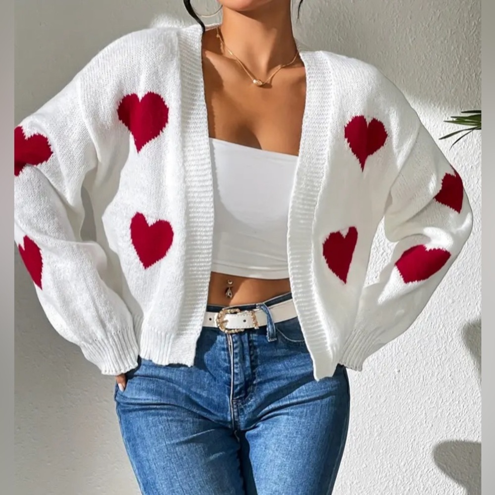 Papaya White and Red Heart Sweater